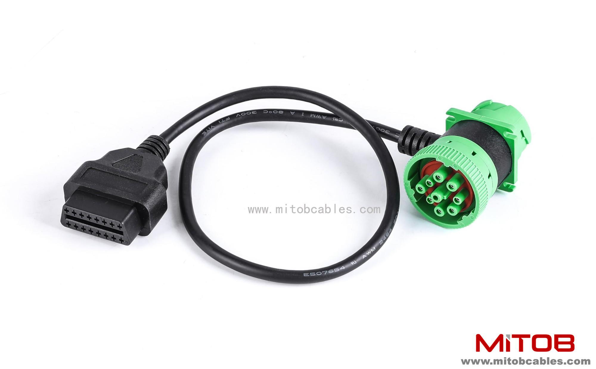 WBLD Green 9 Pin Male to 9 Pin Female to OBD 2 Extension Cable J1939 to OBD ii 16pin Adapter Cable