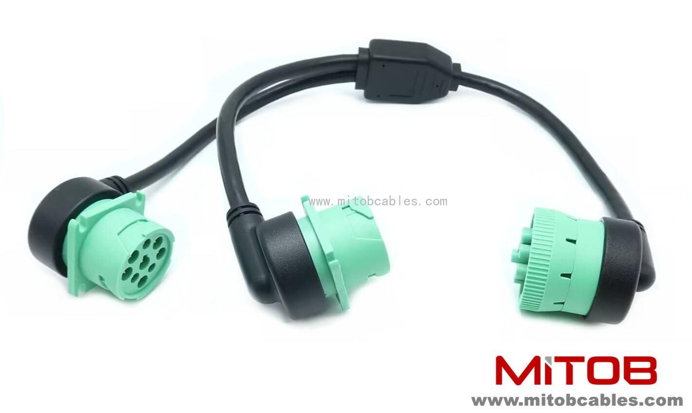 WBLD Right Angle Overmolded J1939 Male to 2 Female J1939 Green Type 2 Splitter Y Cable