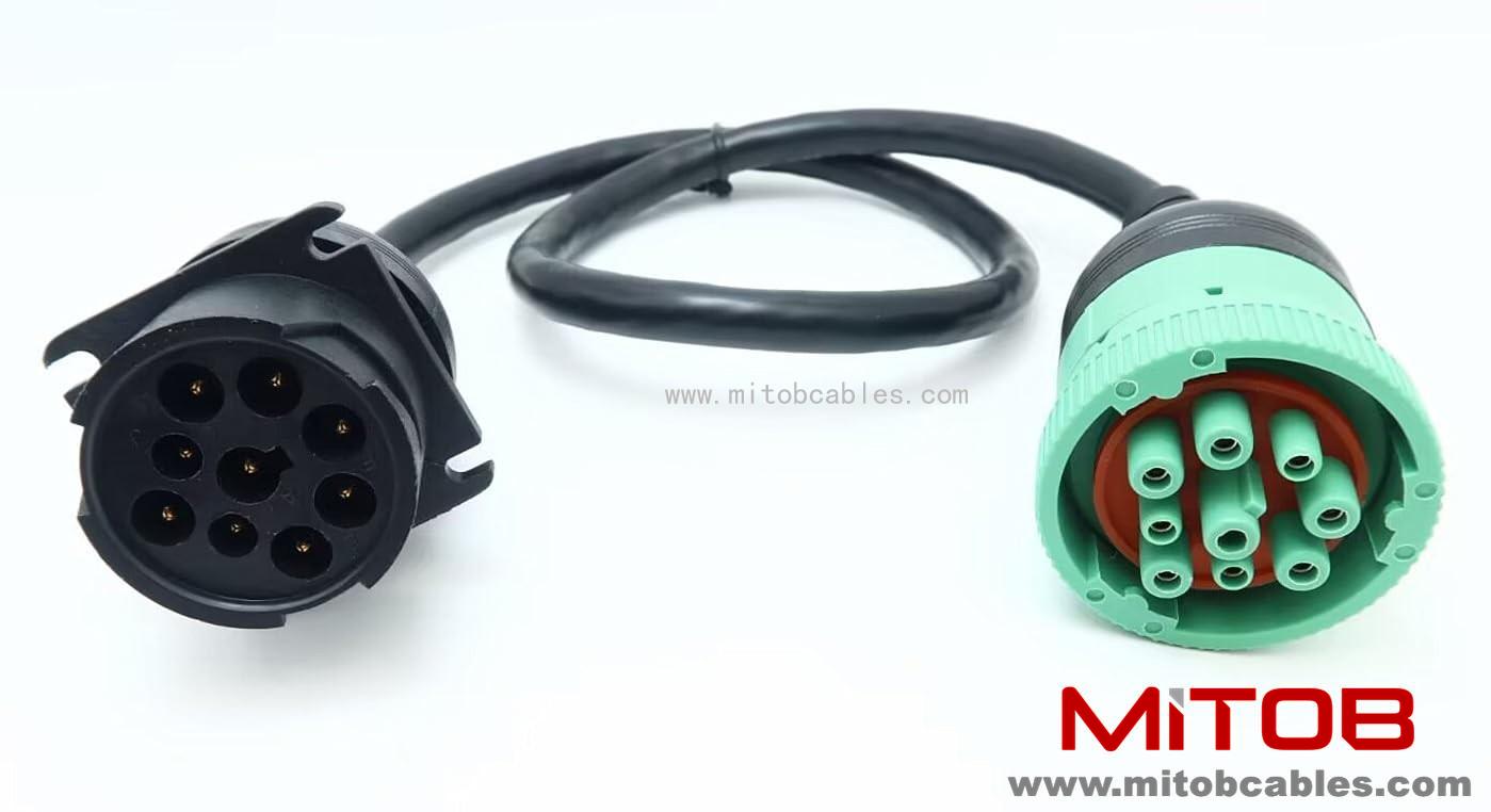 WBLD Overmolded 9 pin J1939 Green Type 2 Male to J1939 Gray Type 1 Female Cable