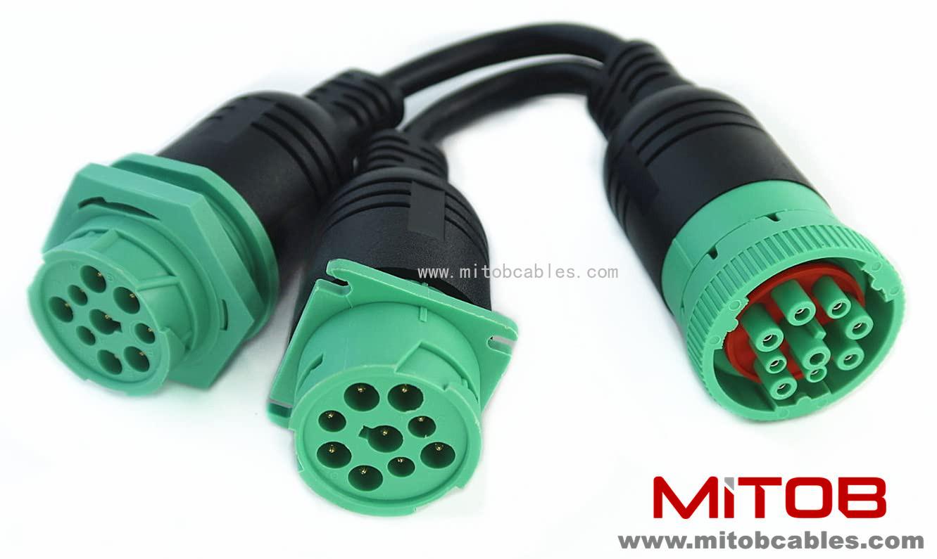 Waterproof Overmolded J1939 Type 2 Splitter Y Cable 1 Male to 2 Female 9pin connectors