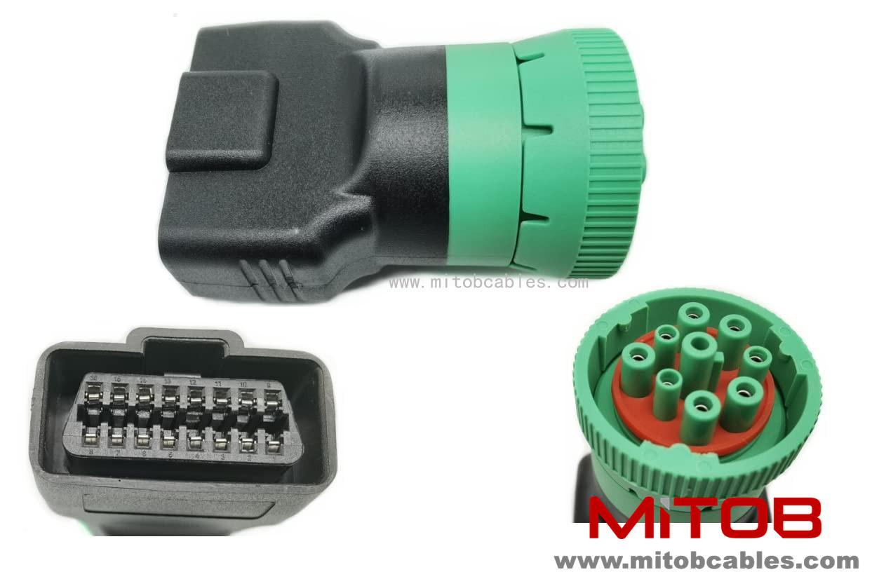 Type 2 Green 9pin J1939 to OBD2 16pin J1962 Female Adapter